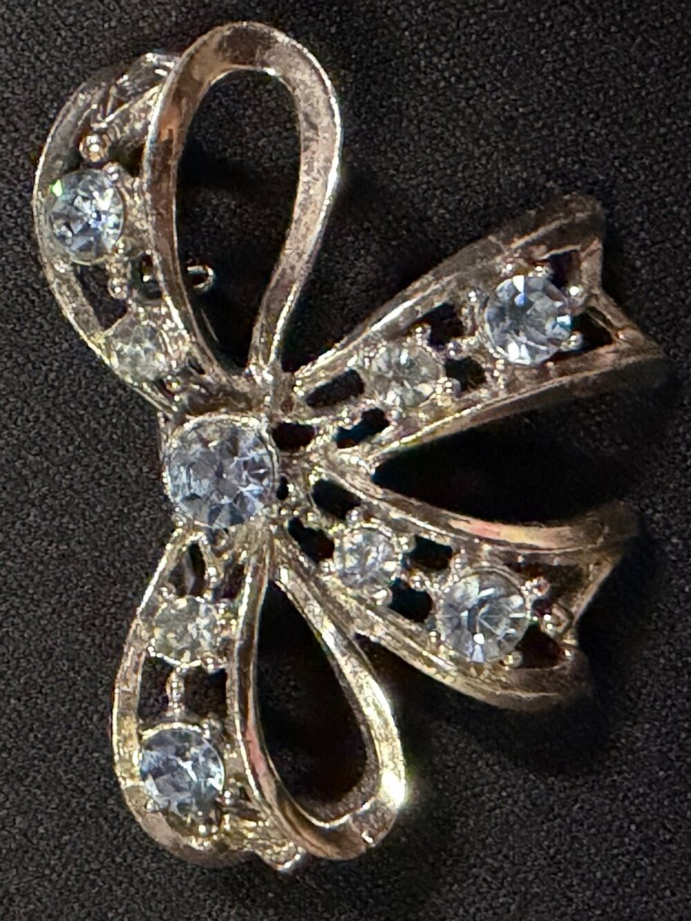Vintage Clear Rhinestone Ribbon Bow Silver-Tone Brooch Pin